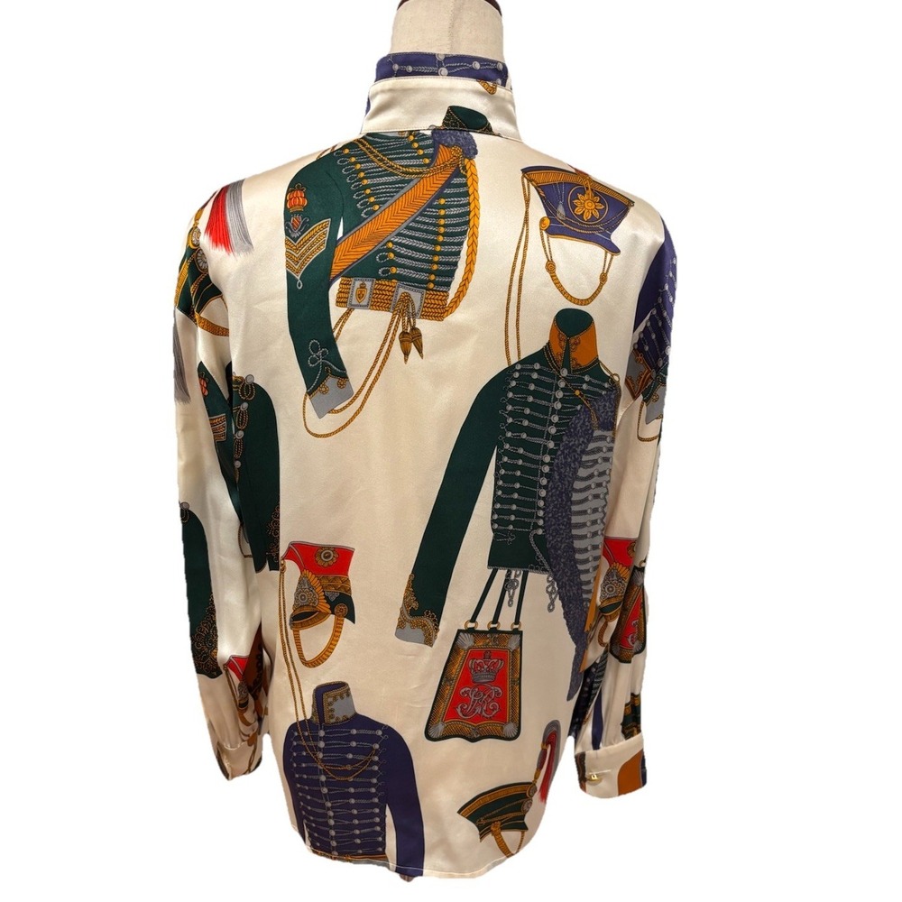 VINTAGE ESCADA MARGARETHA LEY 80s Silk Blouse Military Gold Bottoms Germany 38 M - Picture 7 of 9